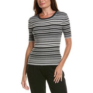 T Tahari Womens  Stripped Ribbed Knit T-Shirt, Grey